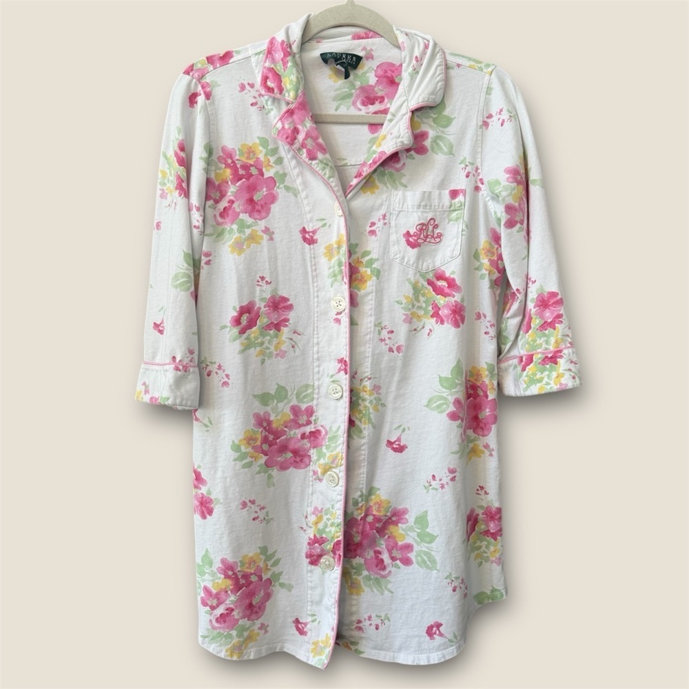 Vintage Ralph Lauren pink Floral Button-Up Cotton Nightshirt embroidered logo